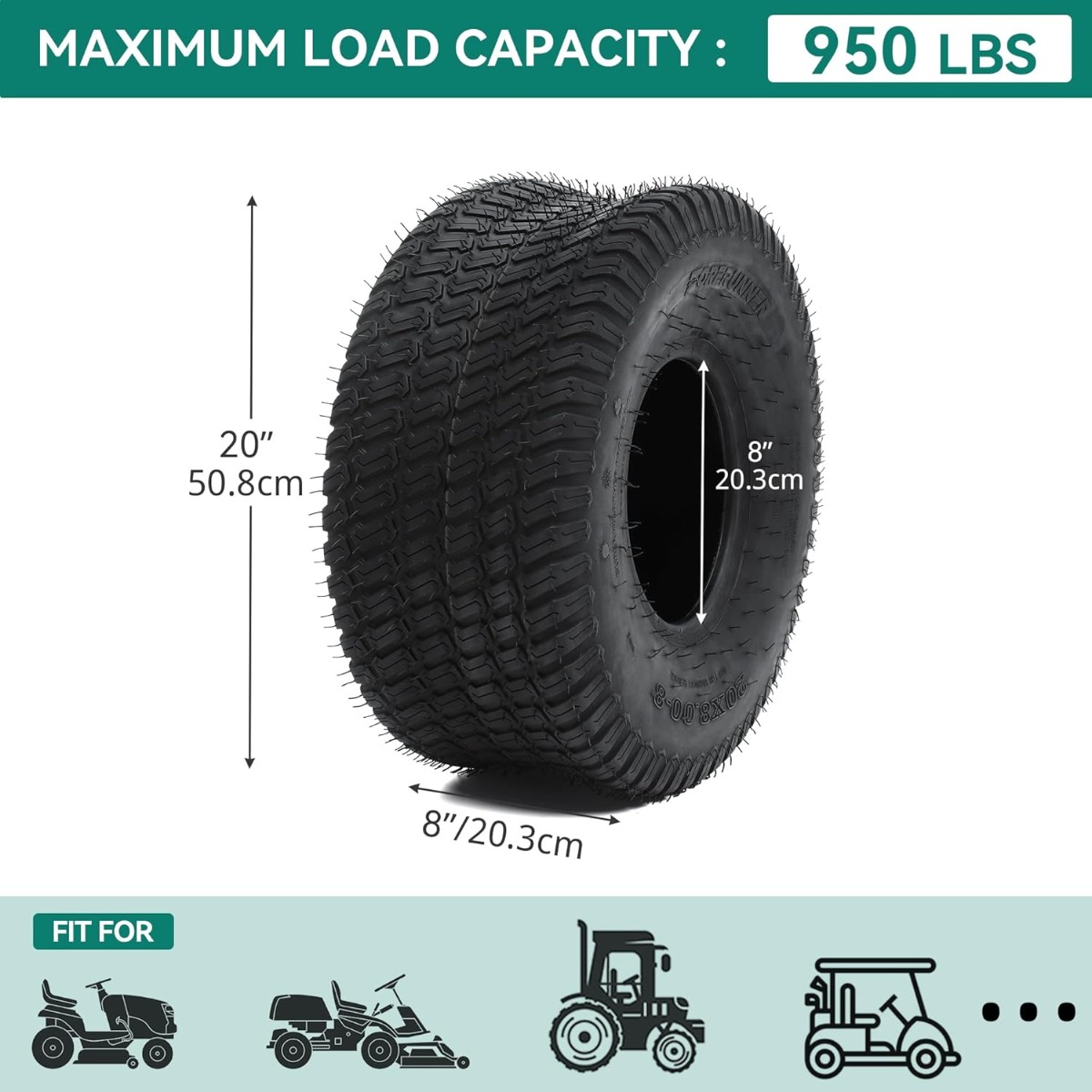 Side view of YITAMOTOR® 20x8.00-8" Lawn Mower Tires, Suitable for Lawnmowers, Motorcycles, Garden Tractors, Golf Carts, and Farm Equipment, 4Ply, Set of 2
