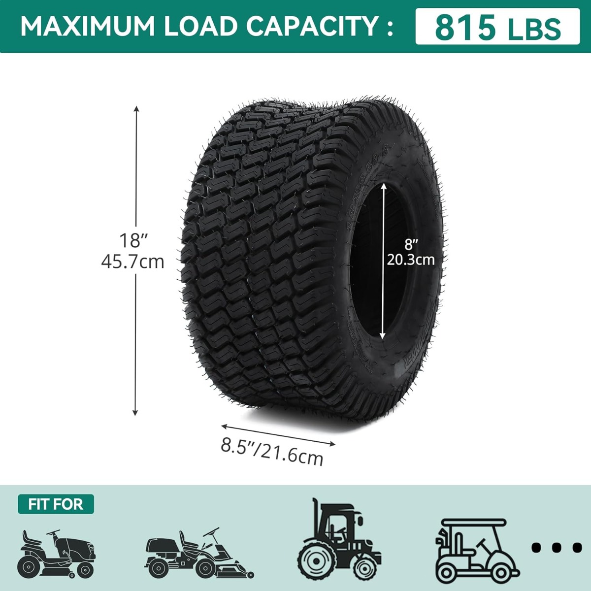 Side view of YITAMOTOR® 18x8.50-8" Lawn Mower Tires, Suitable for Lawnmowers, Motorcycles, Garden Tractors, Golf Carts, and Farm Equipment, 4Ply, Set of 2