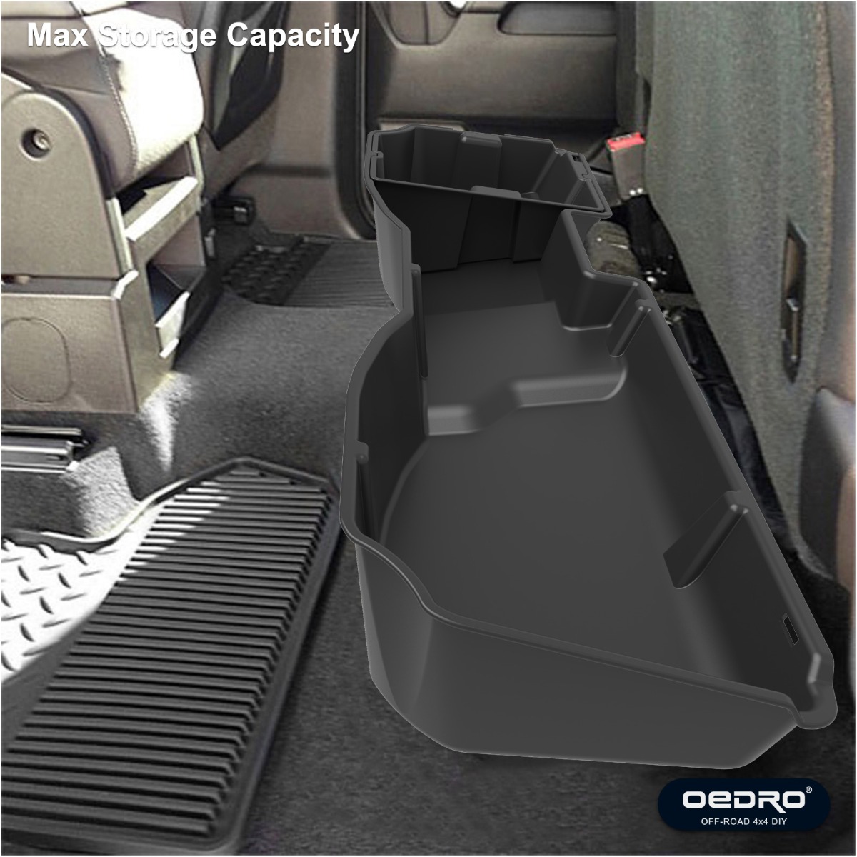 Side view of OEDRO 2-in-1 Under Seat Storage Box for 2014-2018 Chevy Silverado/GMC Sierra 1500, 2015-2019 Silverado/Sierra 2500 3500 HD Crew Cab