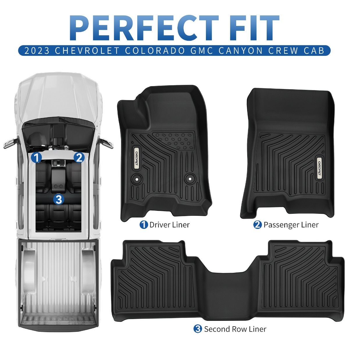 Side view of OEDRO Floor Mats Compatible for 2023-2026 Chevy Colorado Crew Cab/GMC Canyon Crew Cab, TPE All-Weather Guard Includes 1st and 2nd Row Liners Mat