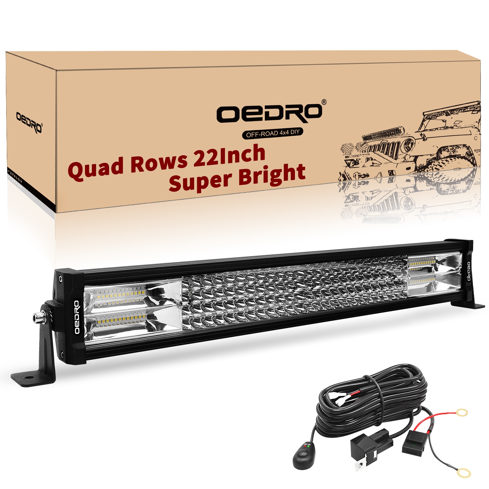 OEDRO LED Light Bar 22"" 520W Straight Quad-Rows Led Work Lights + Wiring Harness