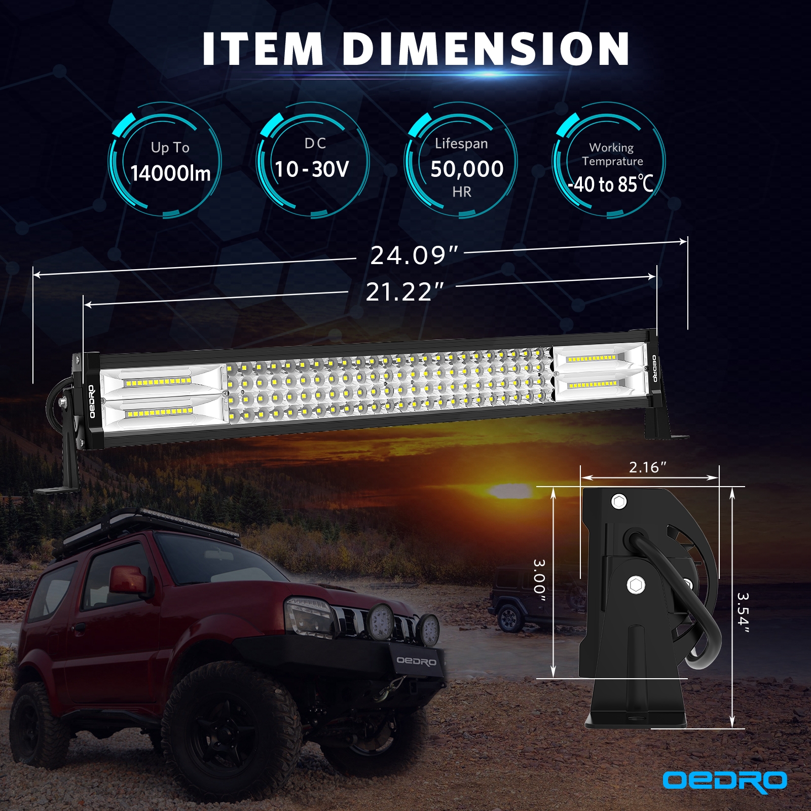 Side view of OEDRO LED Light Bar 22" 520W Straight Quad-Rows Led Work Lights + Wiring Harness