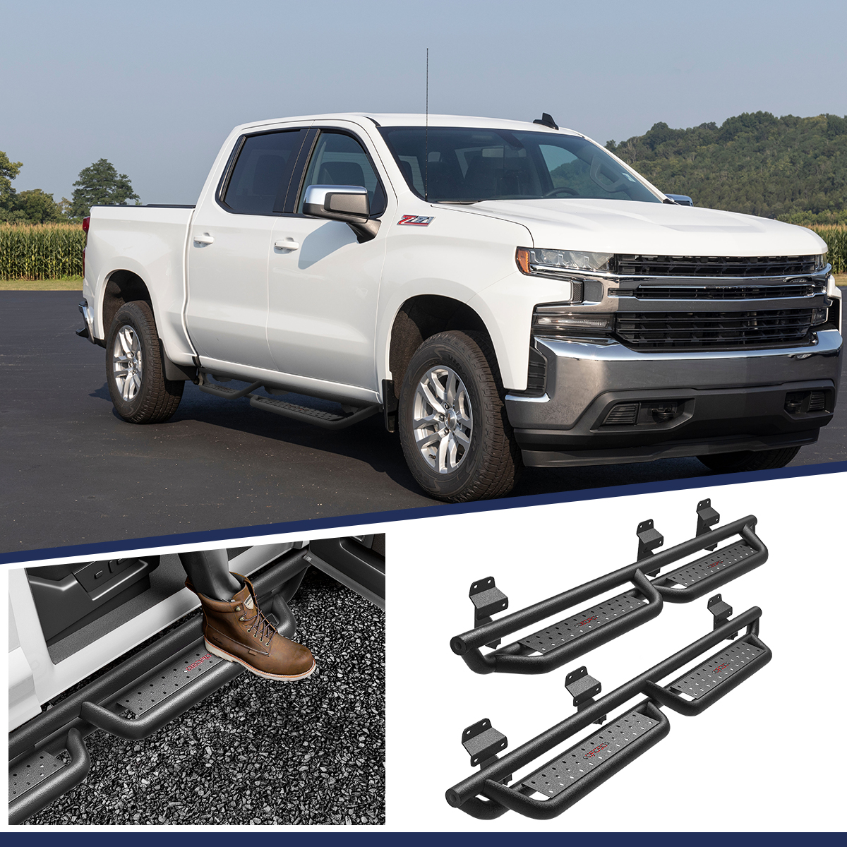 Side view of OEDRO® Running Boards for 2015-2026 Ford F150 SuperCrew Cab, 2017-2026 Ford F250 F350 Super Duty Crew Cab, Powder Coated Drop Side Step