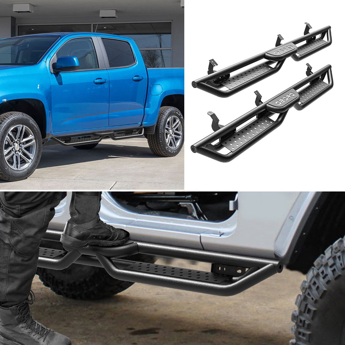 Side view of OEDRO Running Boards for 2007-2021 Toyota Tundra Double Cab, Bolt-on Two Stairs Design Steel Side Steps