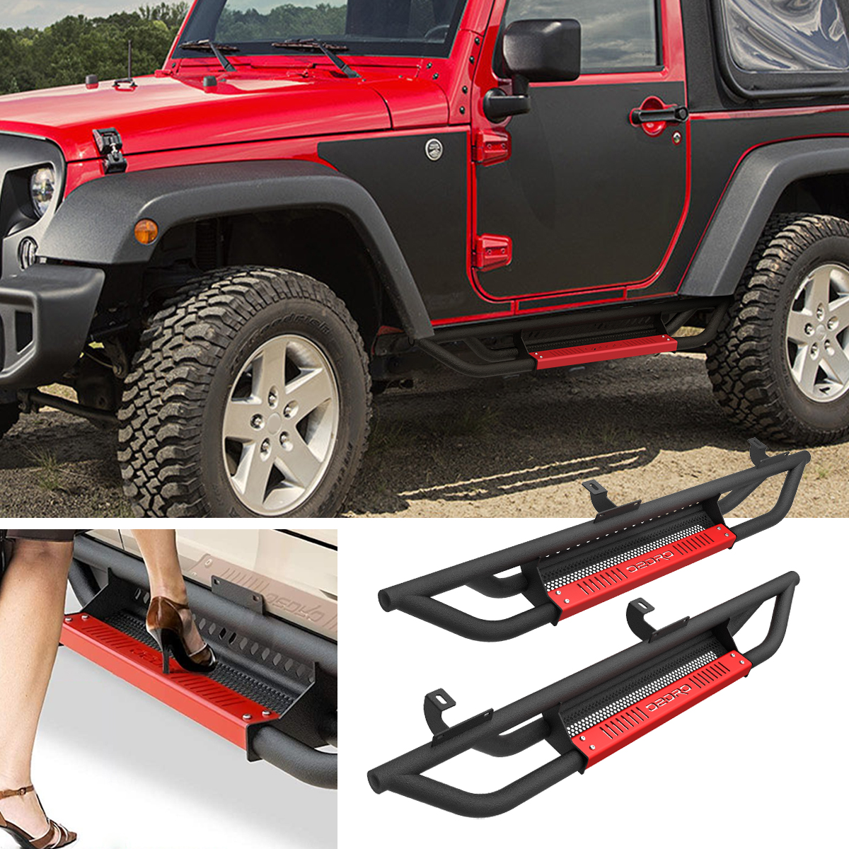 Side view of OEDRO 6" Running Boards for 2007-2018 Jeep Wrangler JK 2 Door, Black Red Powder Coated Nerf Bar