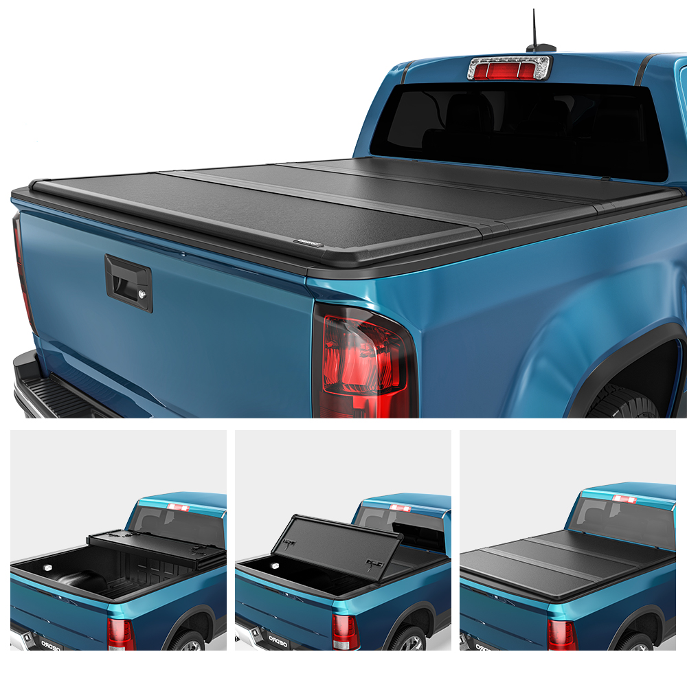 Side view of OEDRO 5FT FRP Hard Tri-fold Tonneau Cover Fold Truck Bed Covers Compatible with 2015-2026 Chevy Colorado/GMC Canyon with 5 Feet Bed