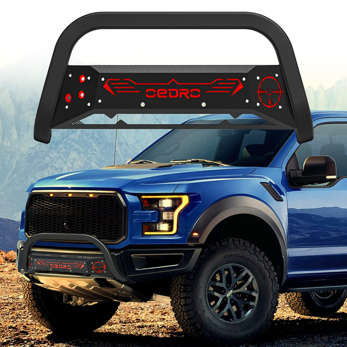 Side view of OEDRO® Bull Bar for 2004-2023 Ford F150, Bumper Grille Guard w/Red and Black Skid Plate Light Mount