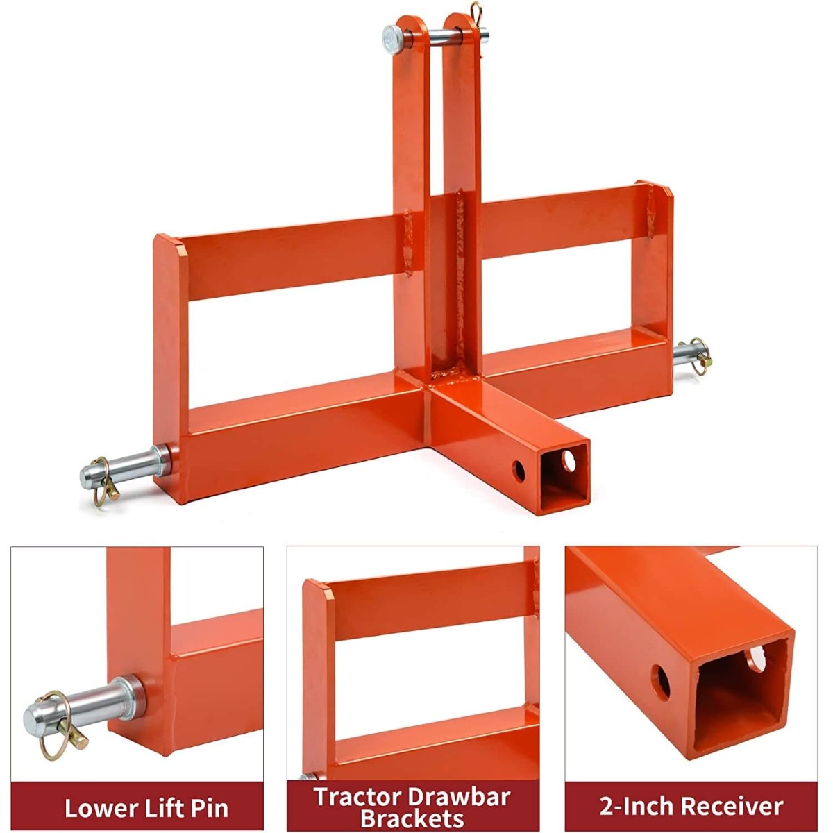 Side view of YITAMOTOR® Orange 3 Point Hitch Receiver for Category 1, 2" Receiver Tractor Drawbar Attachments