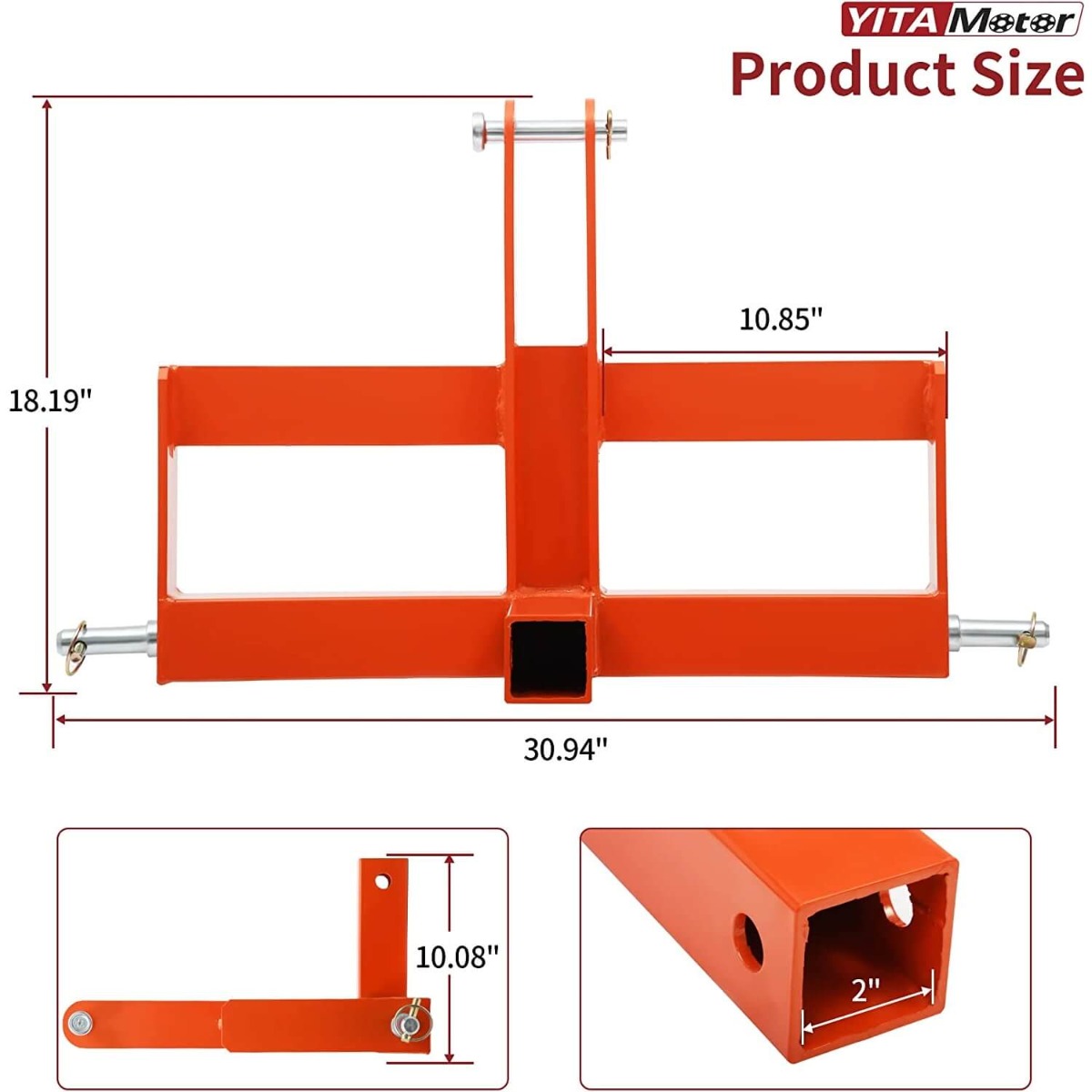 Side view of YITAMOTOR® Orange 3 Point Hitch Receiver for Category 1, 2" Receiver Tractor Drawbar Attachments