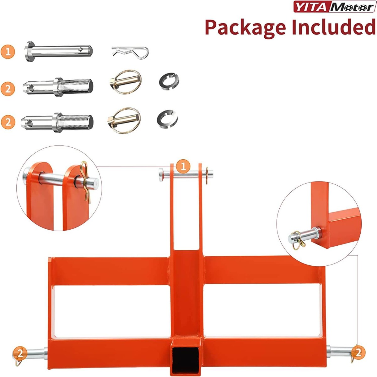 Side view of YITAMOTOR® Orange 3 Point Hitch Receiver for Category 1, 2" Receiver Tractor Drawbar Attachments