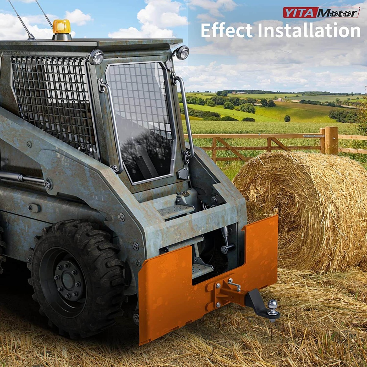Side view of YITAMOTOR® Skid Steer 3/8" Thick Mount Plate with 2" Removable Trailer Hitch Receiver, Orange