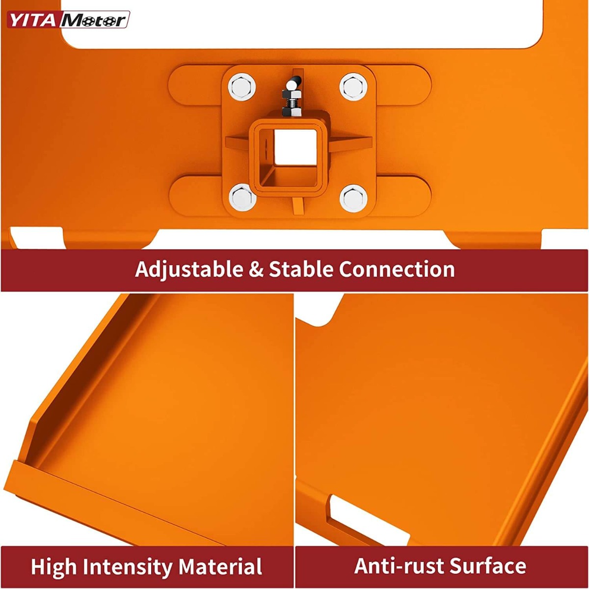 Side view of YITAMOTOR® Skid Steer 3/8" Thick Mount Plate with 2" Removable Trailer Hitch Receiver, Orange