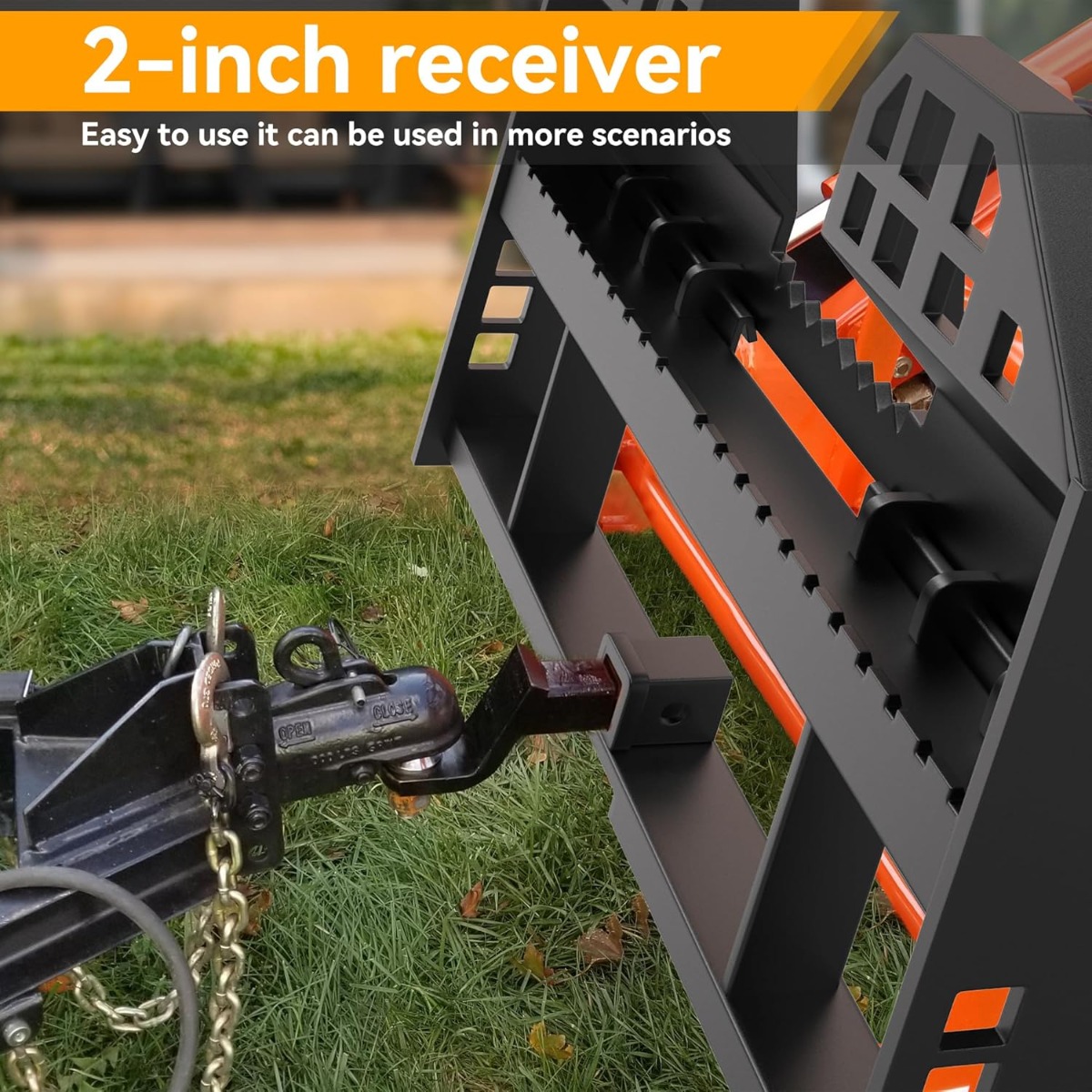 Side view of YITAMOTOR® 45" Pallet Fork Frame, 4000lbs Skid Steer Pallet Fork Frame for Kubota Bobcat Skid Steer Quick Tach Loaders Tractors, 2" Receiver Hitch
