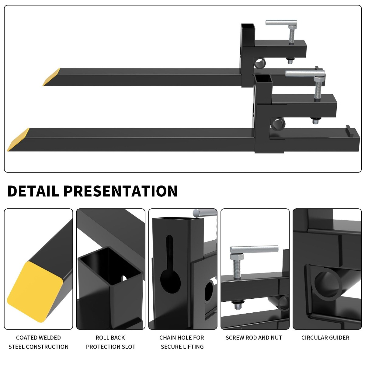 Side view of YITAMOTOR® 60 Inch Clamp on Pallet Forks, 4000lbs Capacity Heavy Duty Quick Attach Pallet Fork for Bucket Tractor Loader Skid Steer