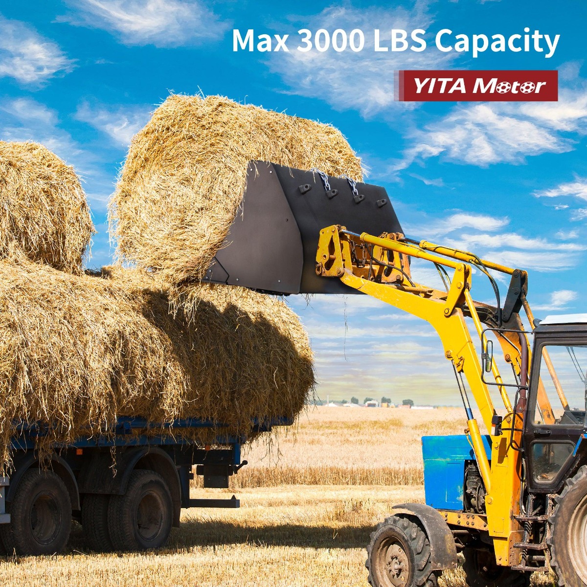 Side view of YITAMOTOR® Dual Hay Bale Spear 49" 3000 lbs, Heavy Duty Front Skid Steer Loader Tractor Bucket Attachment with Coated Rust Resistant