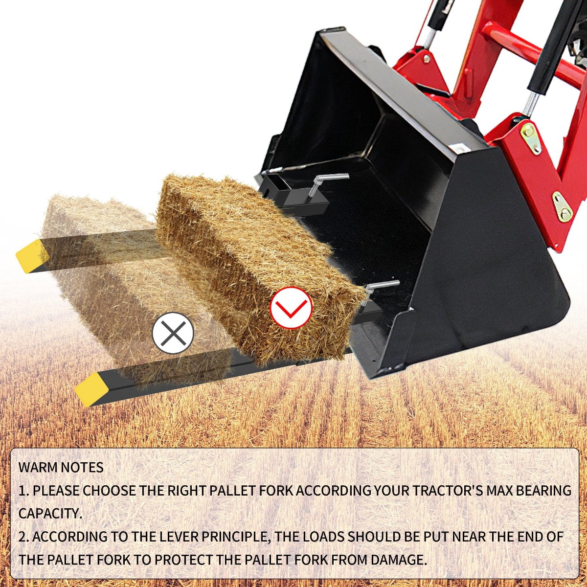 Side view of YITAMOTOR® 43" Clamp on Pallet Forks 1500LBS for Tractor Loader Bucket