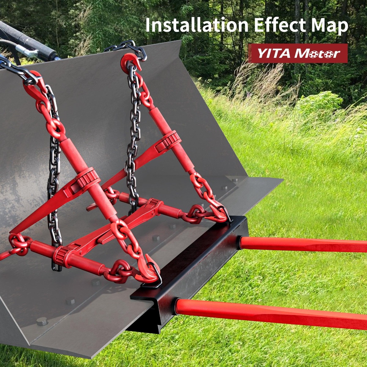 Side view of YITAMOTOR® Dual Hay Bale Spear 49" 3000 lbs, Heavy Duty Front Skid Steer Loader Tractor Bucket Attachment with Coated Rust Resistant