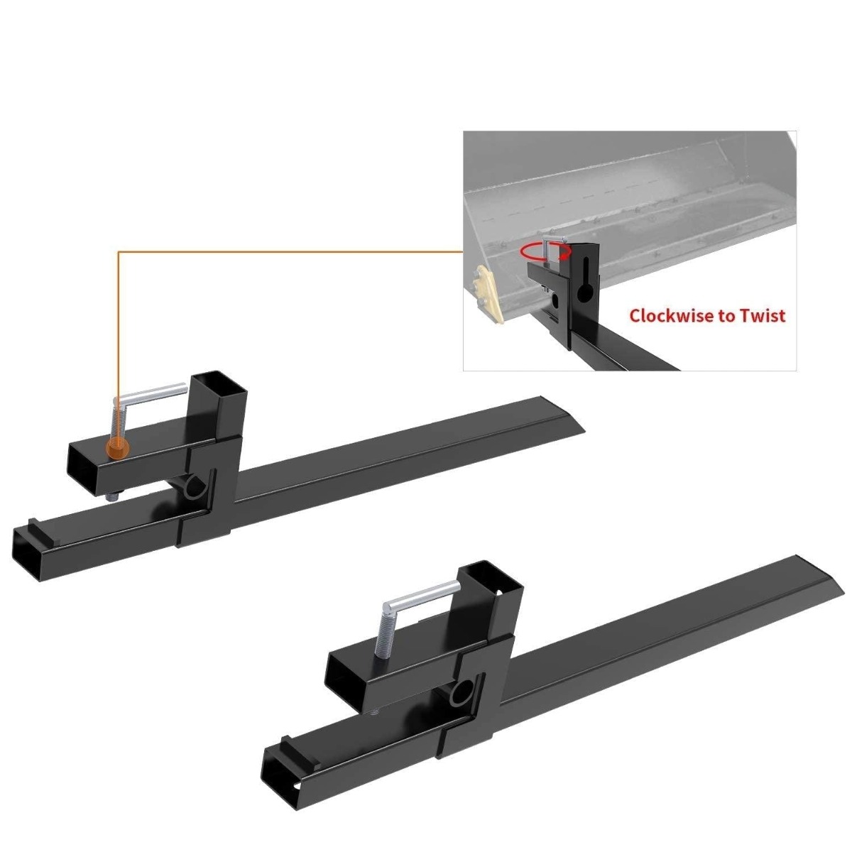 Side view of YITAMOTOR® 60 Inch Clamp on Pallet Forks, 4000lbs Capacity Heavy Duty Quick Attach Pallet Fork for Bucket Tractor Loader Skid Steer