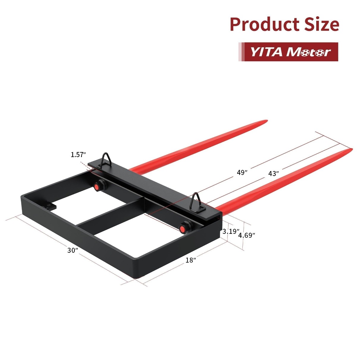 Side view of YITAMOTOR® Dual Hay Bale Spear 49" 3000 lbs, Heavy Duty Front Skid Steer Loader Tractor Bucket Attachment with Coated Rust Resistant