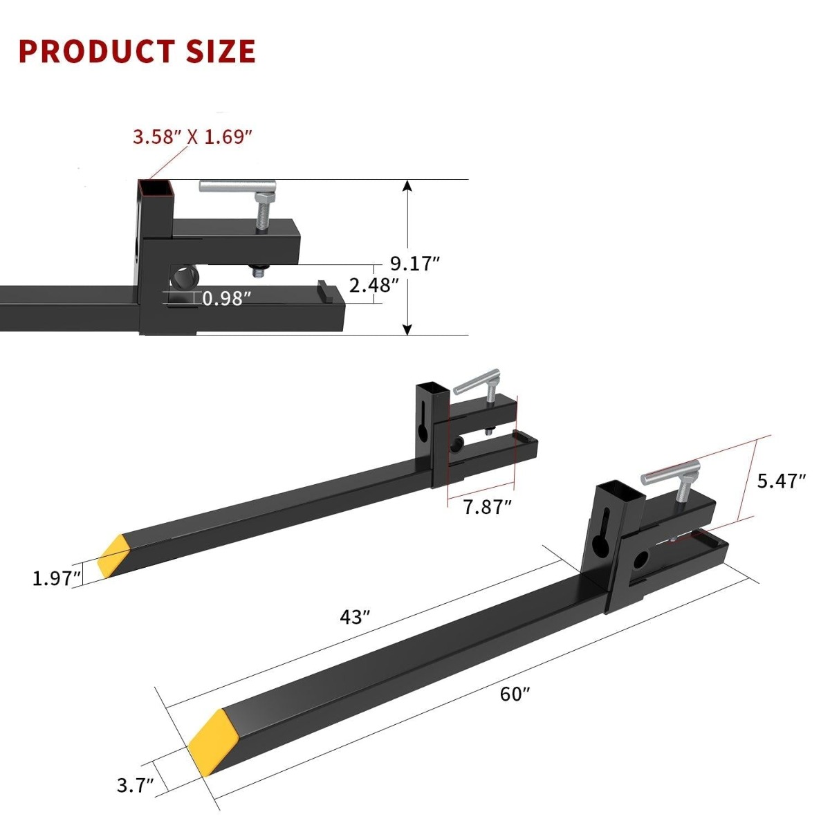 Side view of YITAMOTOR® 60 Inch Clamp on Pallet Forks, 4000lbs Capacity Heavy Duty Quick Attach Pallet Fork for Bucket Tractor Loader Skid Steer