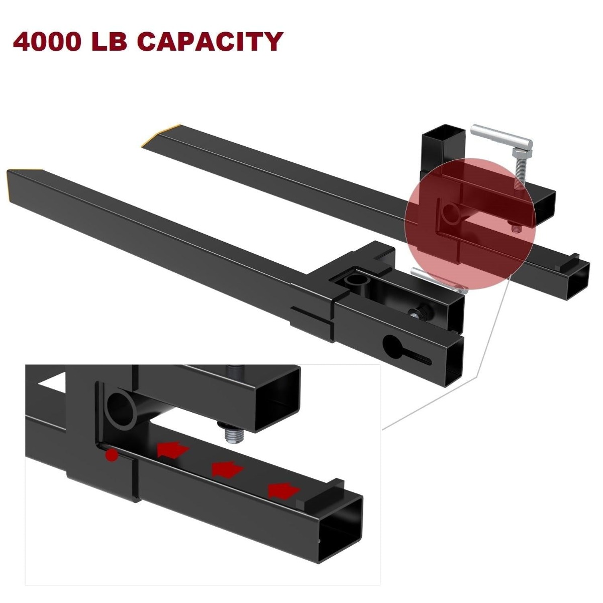 Side view of YITAMOTOR® 60 Inch Clamp on Pallet Forks, 4000lbs Capacity Heavy Duty Quick Attach Pallet Fork for Bucket Tractor Loader Skid Steer