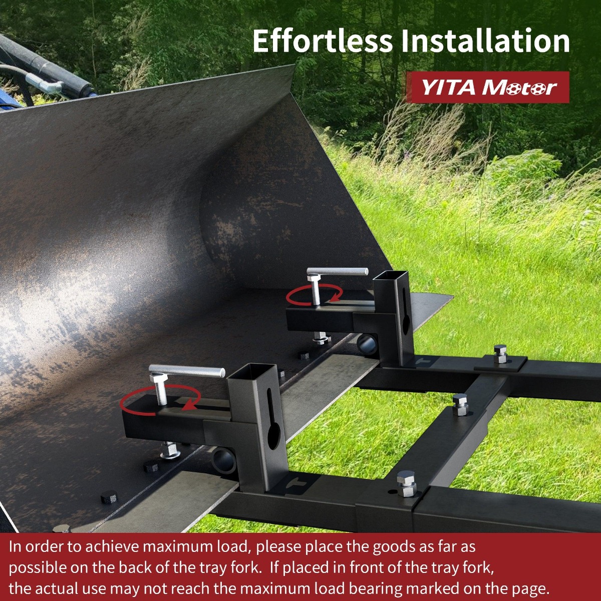 Side view of YITAMOTOR® 60" Clamp on Pallet Forks 2000LB with Adjustable Stabilizer Bar