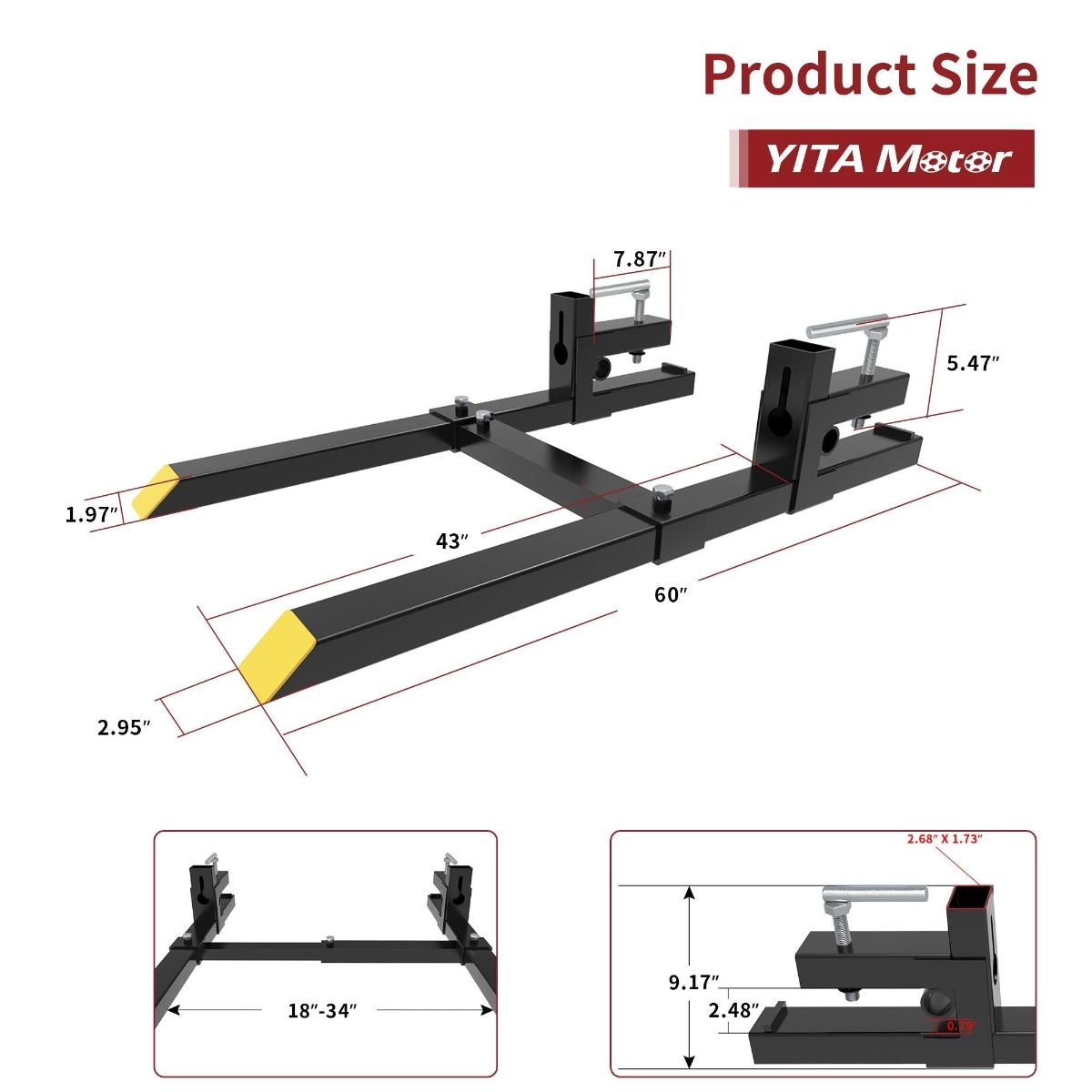 Side view of YITAMOTOR® 60" Clamp on Pallet Forks 2000LB with Adjustable Stabilizer Bar