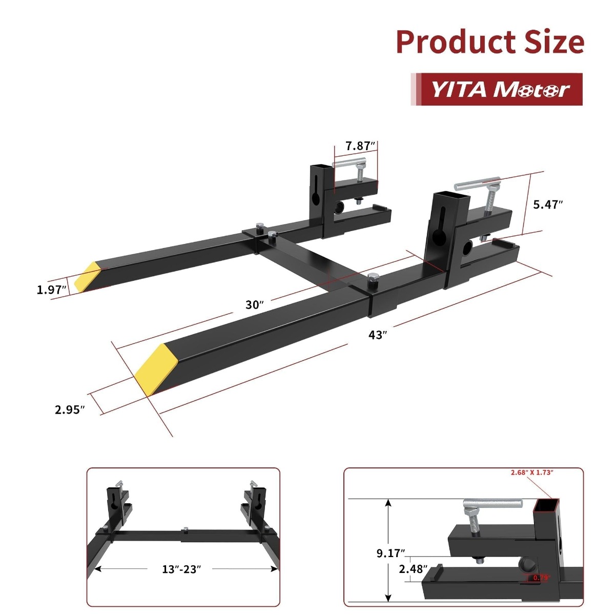 Side view of YITAMOTOR® 43" Clamp on Pallet Forks 1500LBS with Adjustable Stabilizer Bar
