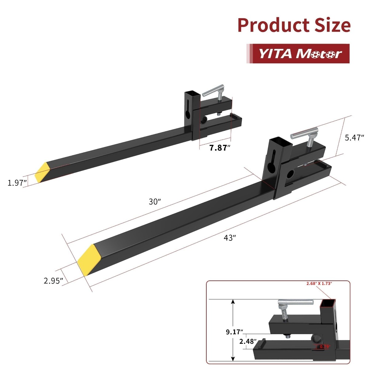 Side view of YITAMOTOR® 43" Clamp on Pallet Forks 1500LBS for Tractor Loader Bucket