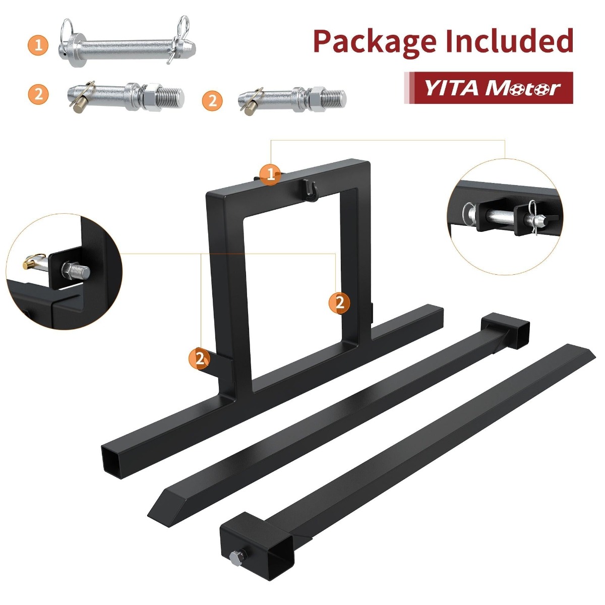 Side view of YITAMOTOR® 3 Point Hitch 1500 lbs Pallet Forks for Category 1 Tractor