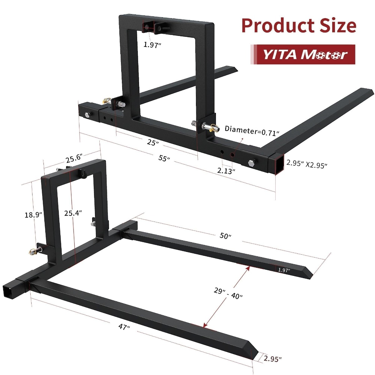 Side view of YITAMOTOR® 3 Point Hitch 1500 lbs Pallet Forks for Category 1 Tractor