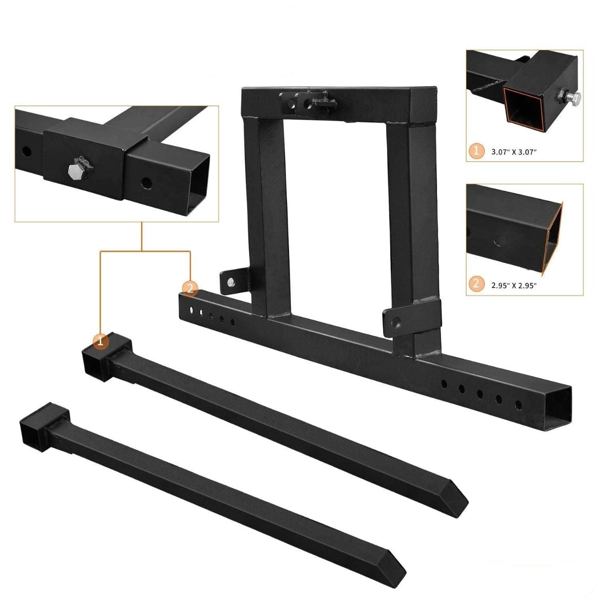 Side view of YITAMOTOR® 3 Point Hitch 1500 lbs Pallet Forks for Category 1 Tractor