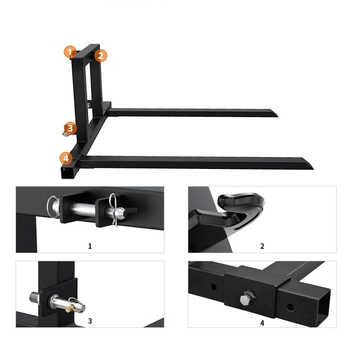 Side view of YITAMOTOR® 3 Point Hitch 1500 lbs Pallet Forks for Category 1 Tractor