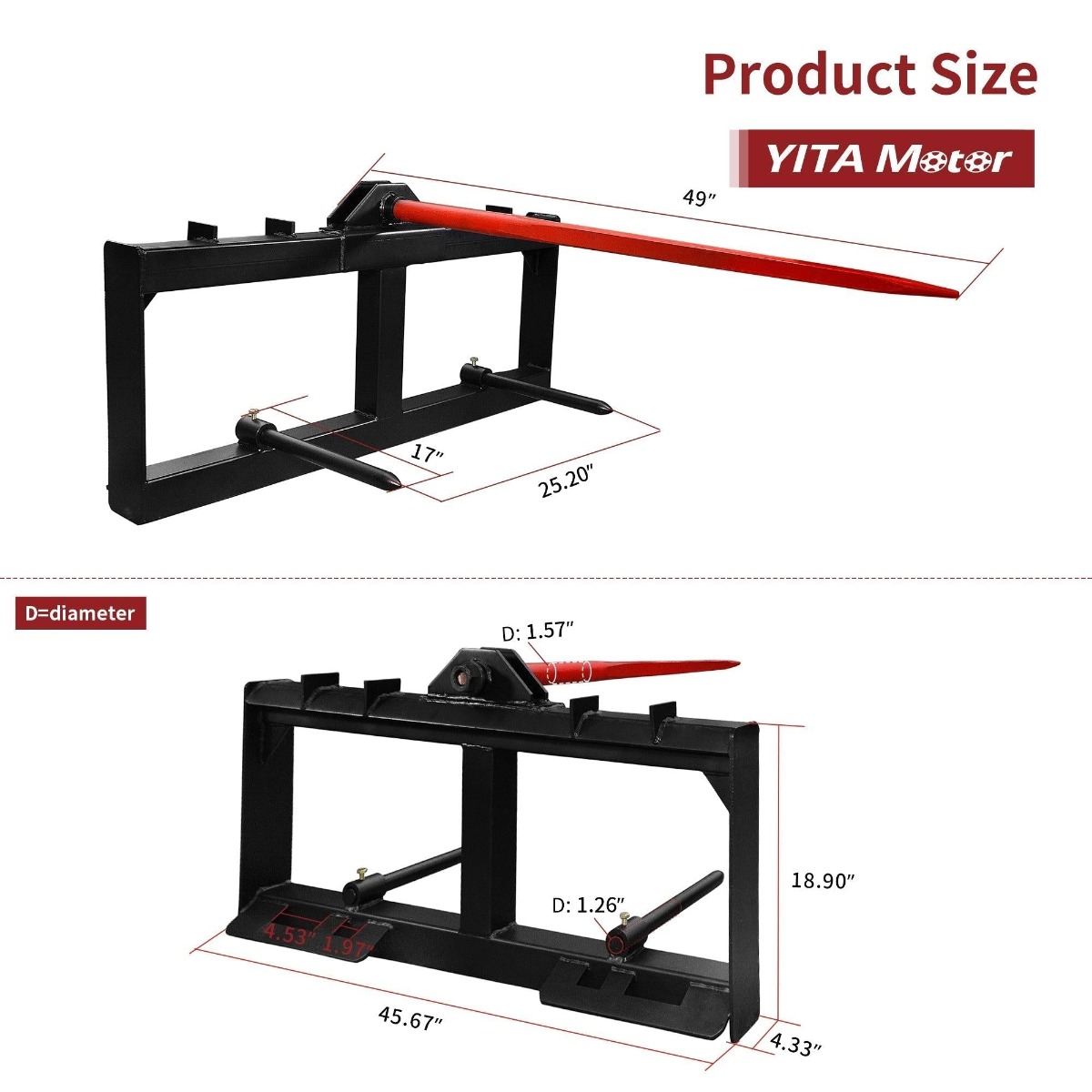 Side view of YITAMOTOR® 49" Tractor Hay Spear & Skid Steer Loader 3000lbs Quick Attach for Bobcat Tractors with 2pcs 17" Stabilizer Spears Spike Fork Tine Attachme