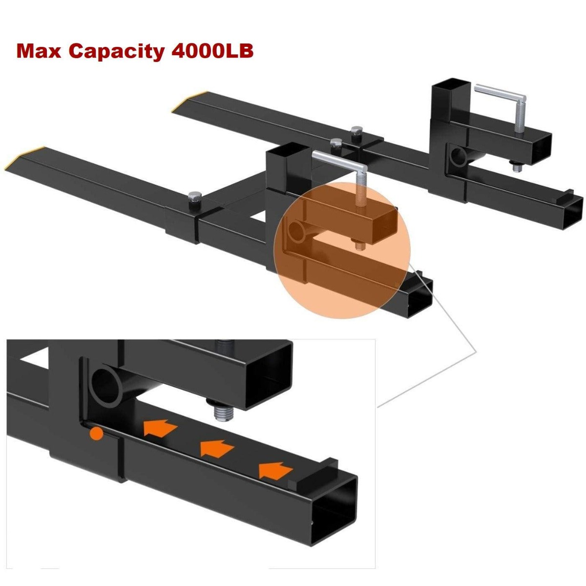Side view of YITAMOTOR® 60" Clamp on Pallet Forks 2000LB with Adjustable Stabilizer Bar