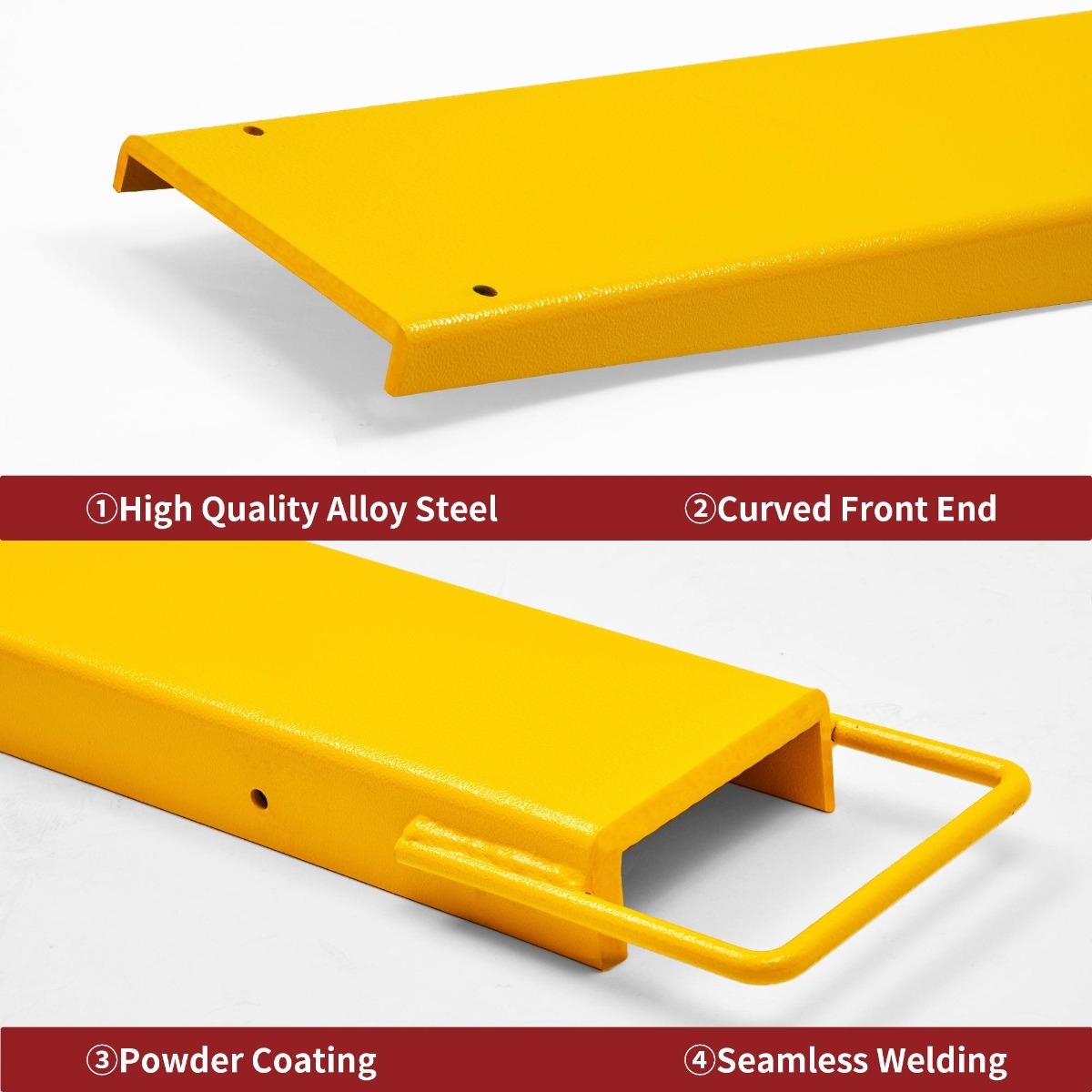 Side view of YITAMOTOR® Forklift Extensions 96 Inch Length & 4.5 Inch Width, Heavy Duty Steel Pallet Fork Extension for Forklift Truck, Yellow (96"x4.5")