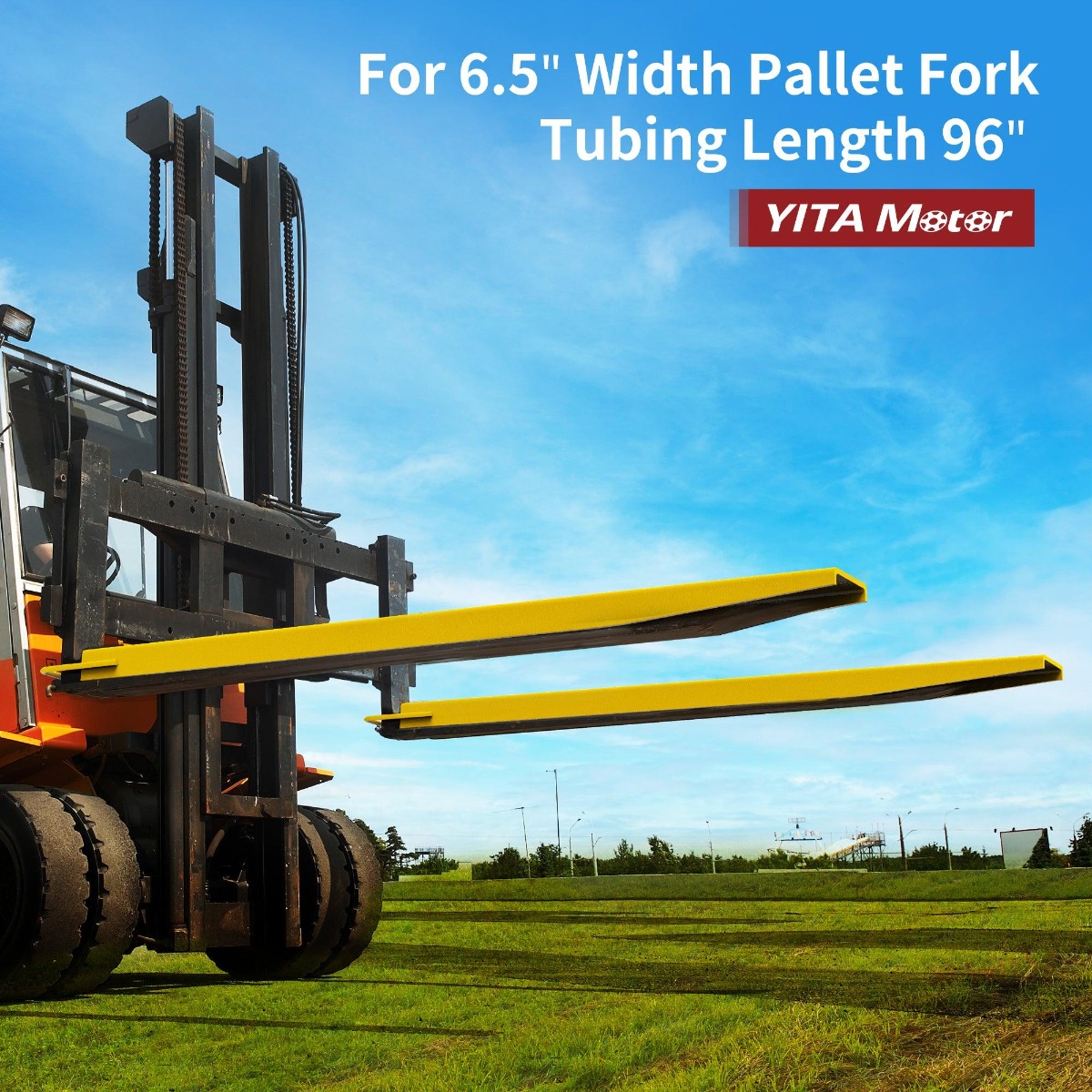 Side view of YITAMOTOR® Pallet Fork Extension 96 Inch Length 6.5 Inch Width, Heavy Duty Steel Pallet Extensions for Forklift Truck, Yellow