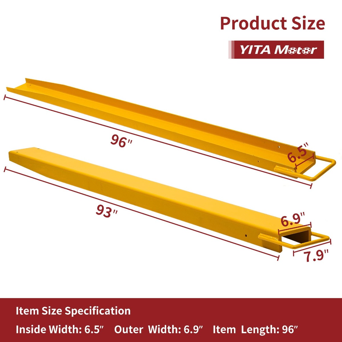 Side view of YITAMOTOR® Pallet Fork Extension 96 Inch Length 6.5 Inch Width, Heavy Duty Steel Pallet Extensions for Forklift Truck, Yellow
