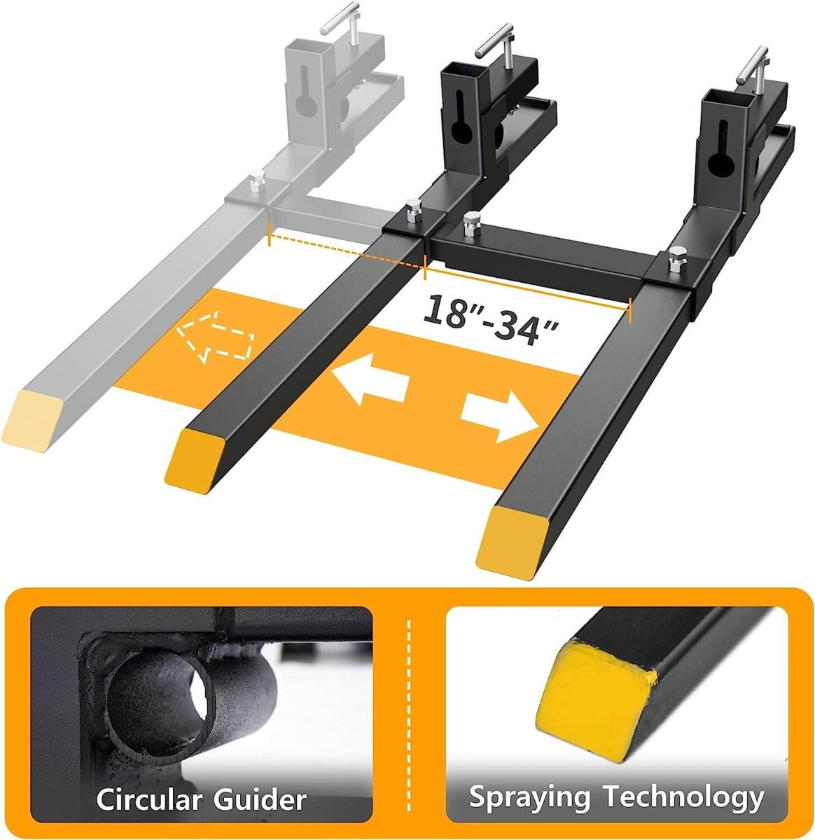 Side view of YITAMOTOR® 4000lbs Clamp on 60" Pallet Forks with Adjustable Stabilizer Bar