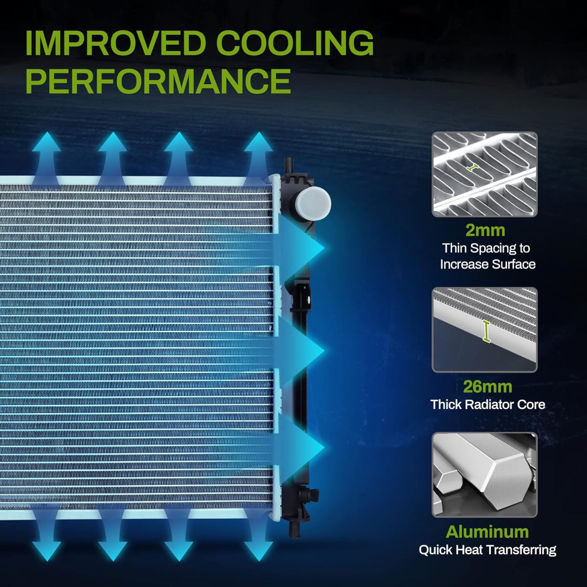 Side view of YITAMOTOR® Radiator Compatible with Jeep Patriot Compass Dodge Caliber Avenger Chrysler Sebring 200 2.4L L4 2.7L 3.5L 3.6L V6