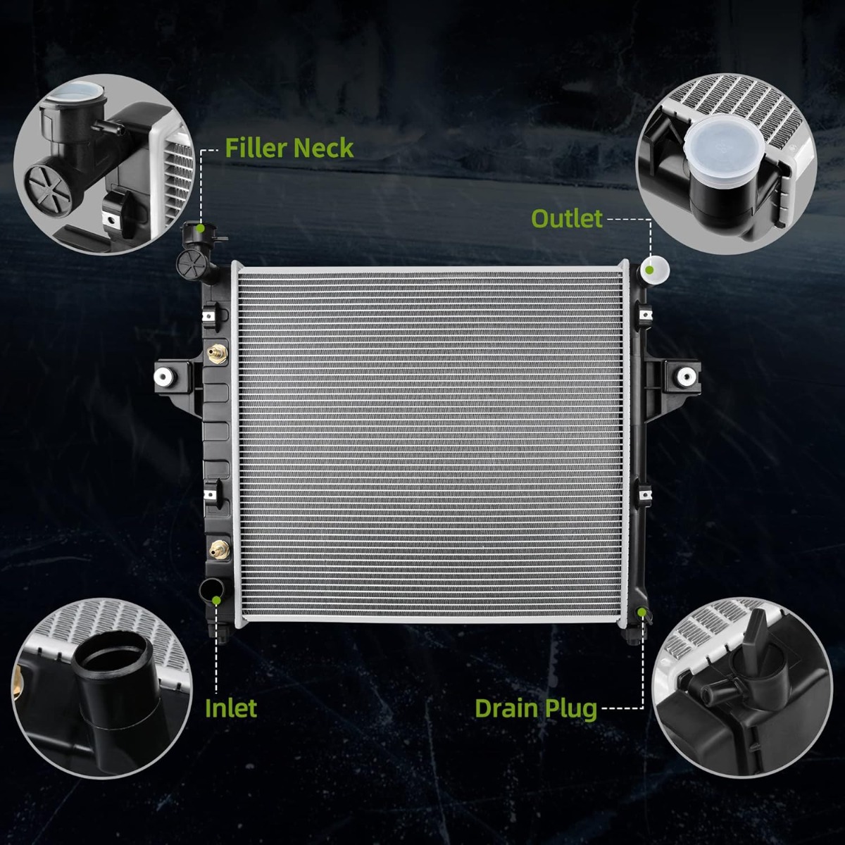 Side view of YITAMOTOR® Radiator Compatible with 1999 2000 2001 2002 2003 2004 Grand Cherokee 6Cyl 4.0L L6