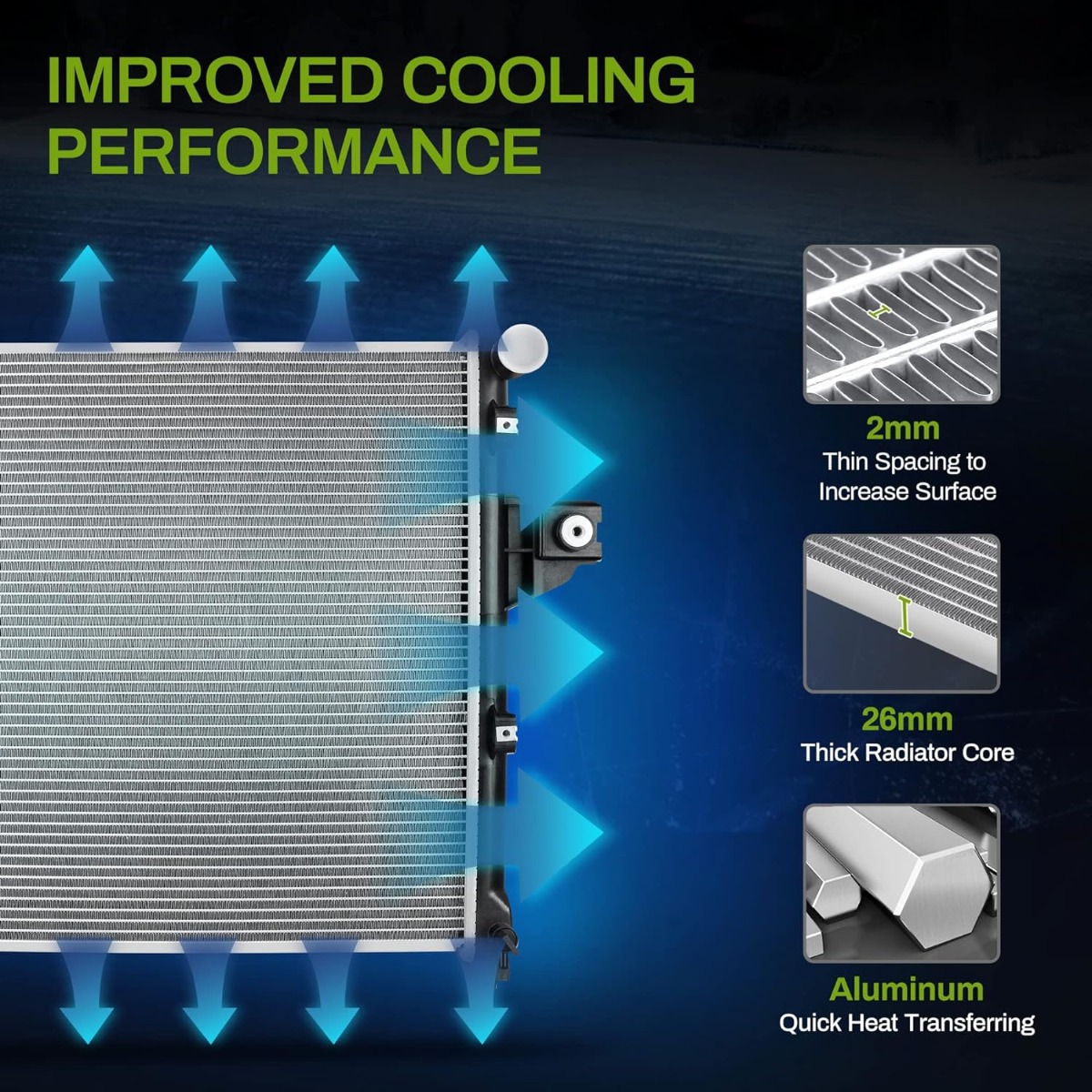 Side view of YITAMOTOR® Radiator Compatible with 1999 2000 2001 2002 2003 2004 Grand Cherokee 6Cyl 4.0L L6