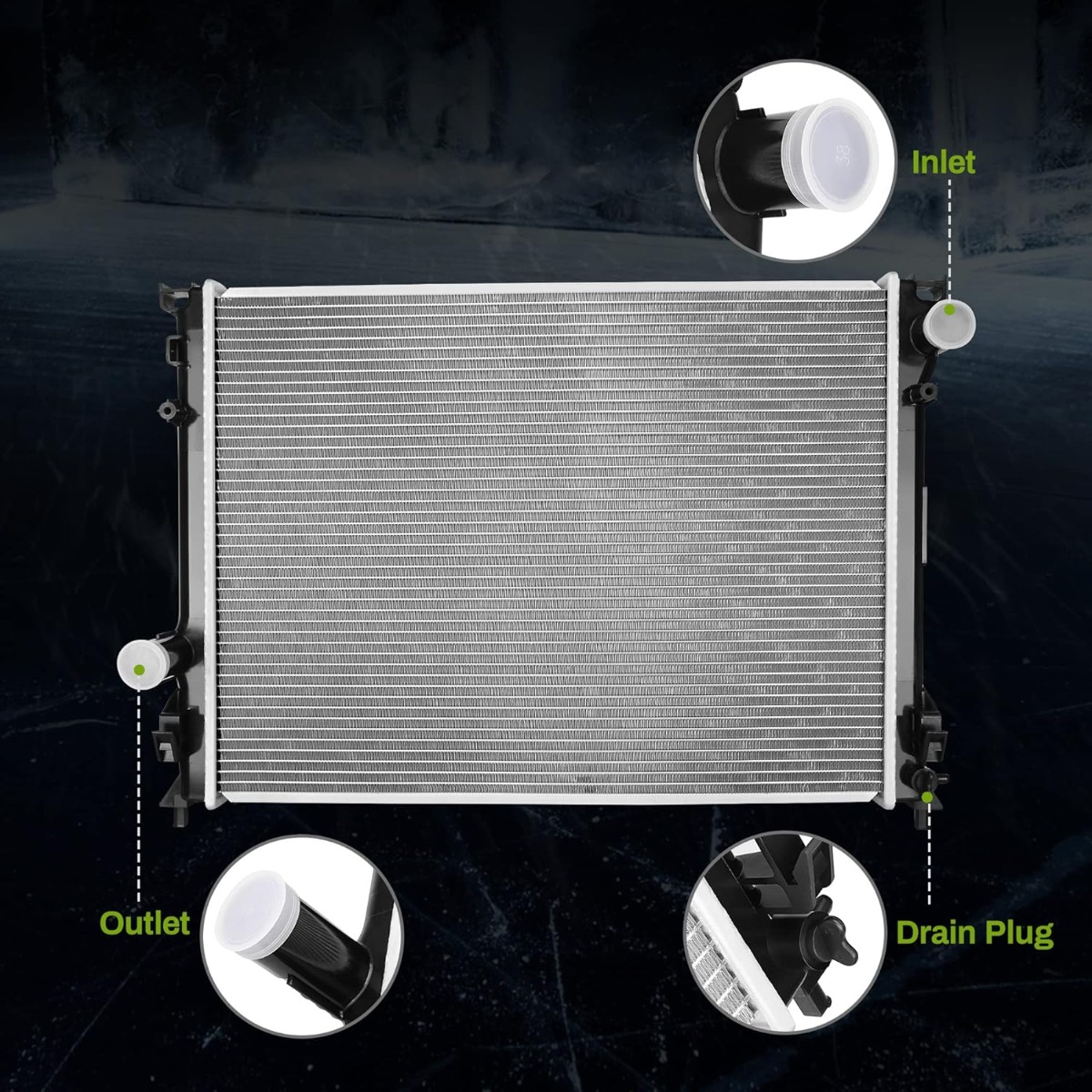 Side view of YITAMOTOR® Radiator Compatible with 2009-2021 Chrysler 300 Dodge Charger Challenger 2.7L 3.5L 3.6L 5.7L 6.1L 6.4L