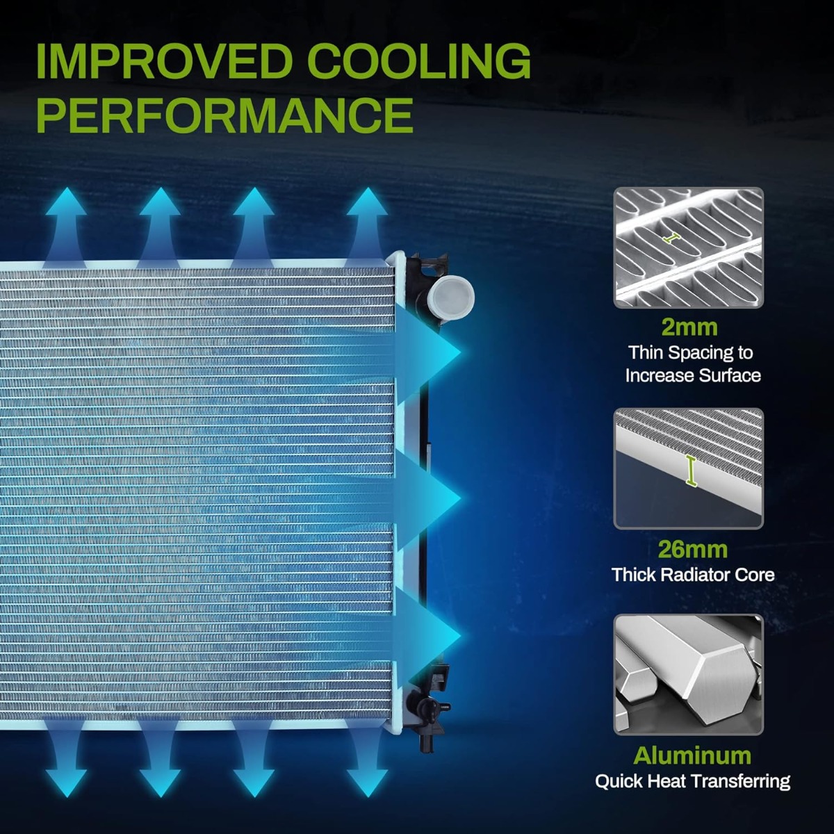 Side view of YITAMOTOR® Radiator Compatible with 2009-2021 Chrysler 300 Dodge Charger Challenger 2.7L 3.5L 3.6L 5.7L 6.1L 6.4L