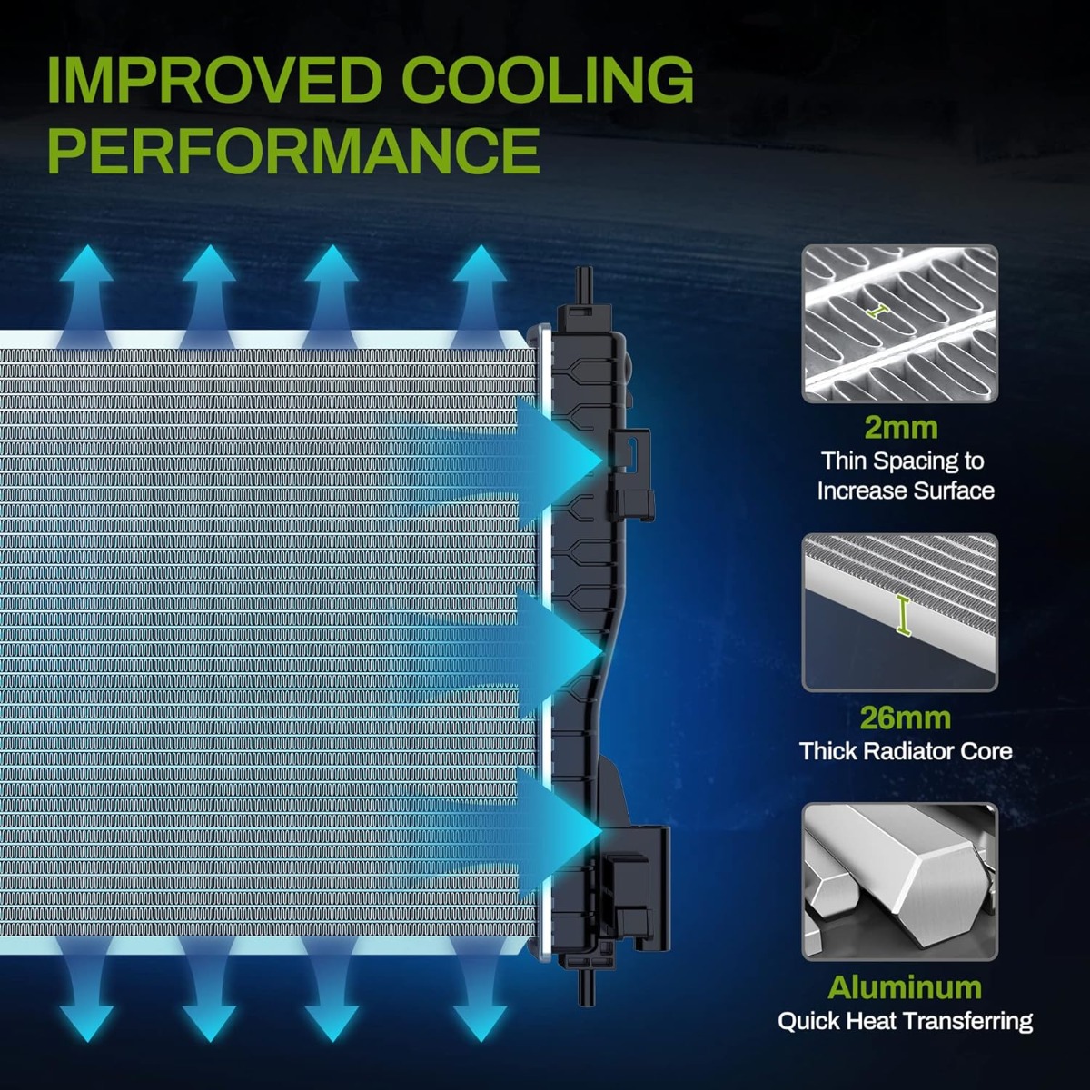 Side view of YITAMOTOR® Radiator Compatible with 2013-2015 Chevy Malibu, for 2016 Malibu Limited, for 2016-2018 Impala LS LT LTZ l4 2.5L ATRD1068