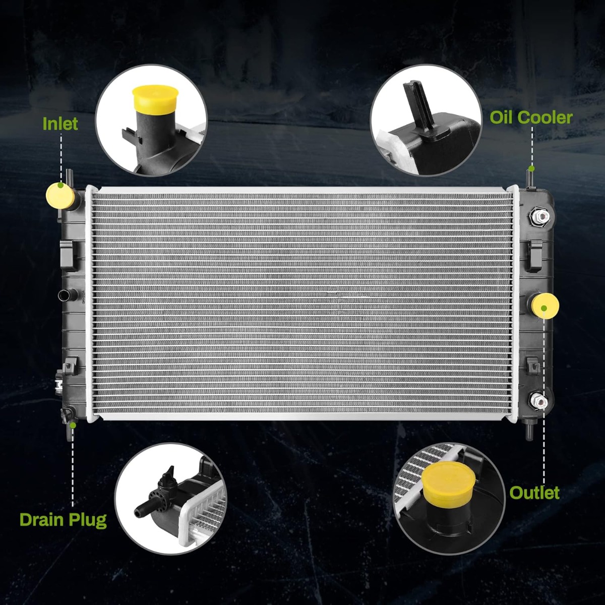 Side view of YITAMOTOR® Radiator Compatible with 2004-2010 Chevrolet Malibu 2005-2010 Pontiac G6 2007-2008 Saturn Aura 3.5L 3.9L