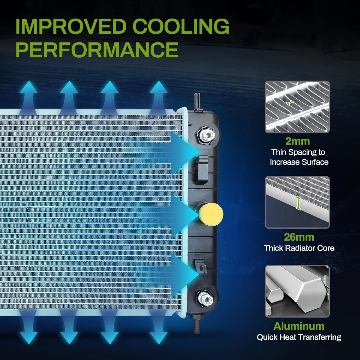 Side view of YITAMOTOR® Radiator Compatible with 2004-2010 Chevrolet Malibu 2005-2010 Pontiac G6 2007-2008 Saturn Aura 3.5L 3.9L