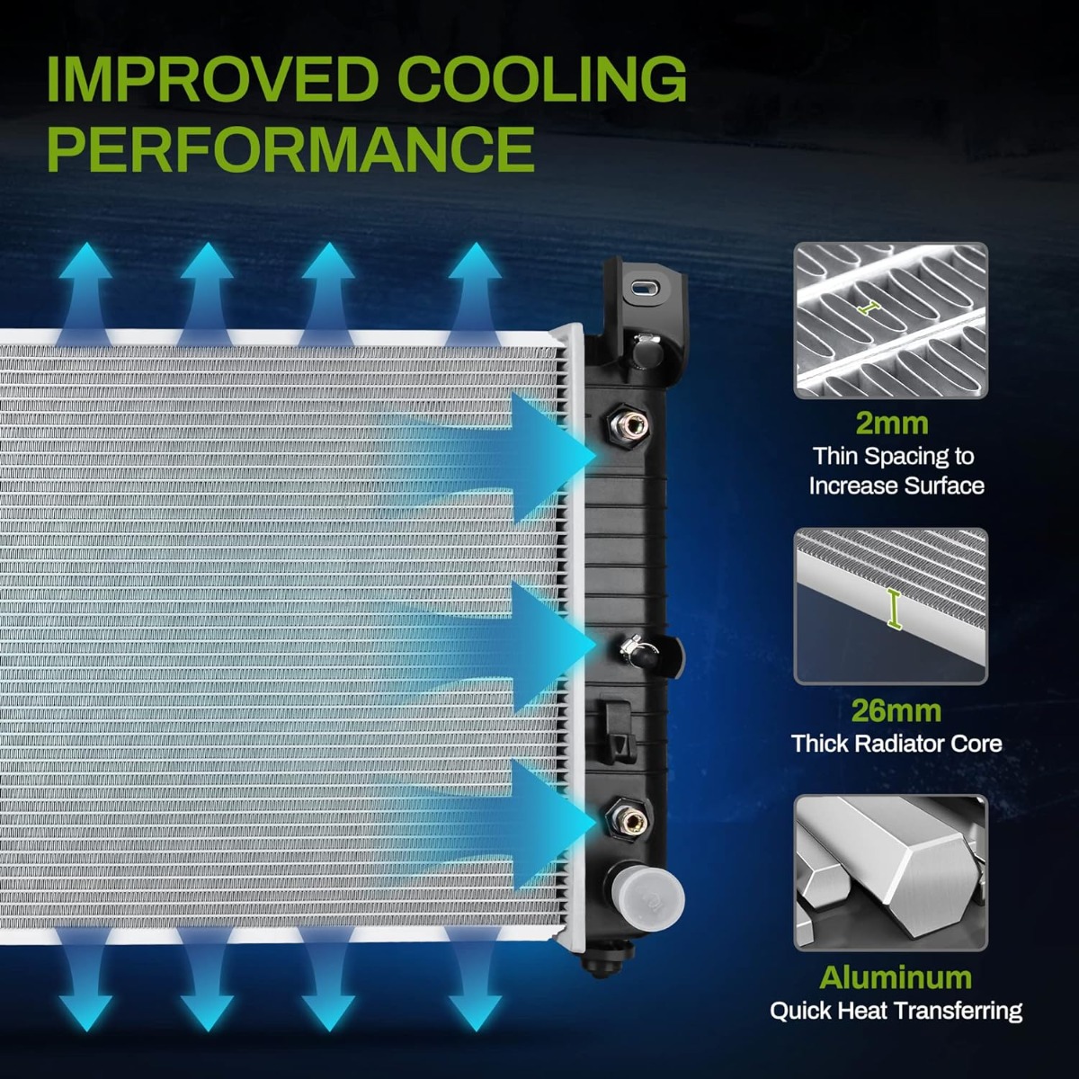 Side view of YITAMOTOR® 34'' Radiator Compatible with Chevy Silverado Suburban Tahoe Cadillac Avalanche Escalade GMC Yukon Sierra ATRD1004