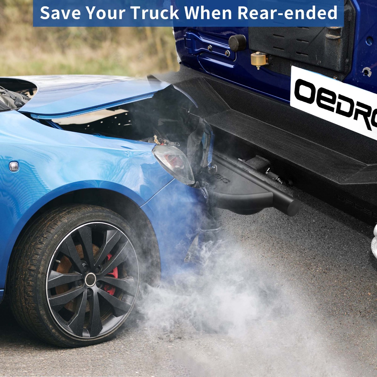 Side view of OEDRO Hitch Step with 2" Hitch Receiver Rear Bumper Guard Protector Upgraded Textured Black Hitch Step Bar