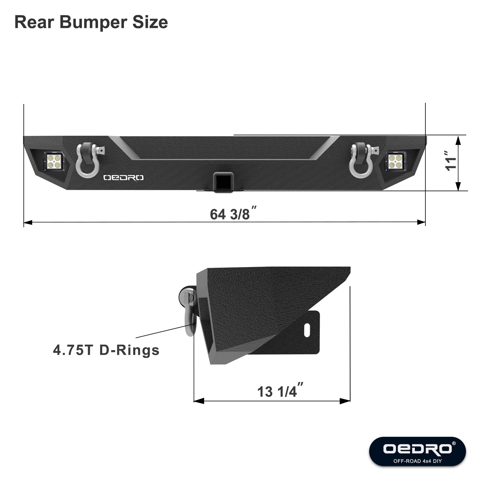 Side view of OEDRO Front Rear Bumper for 2007-2018 Jeep Wrangler JK, with Hitch Receiver & 6 x LED Lights & 2 x D-Rings